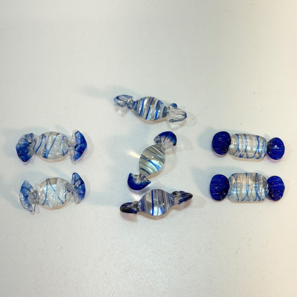 Art Glass Candy Set 7 Pieces Blue Striped Hand Blown Decor Vintage Bowl Fillers